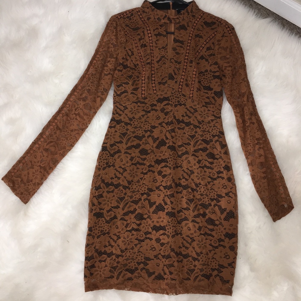 Long Brown Sleeve Lace Dress